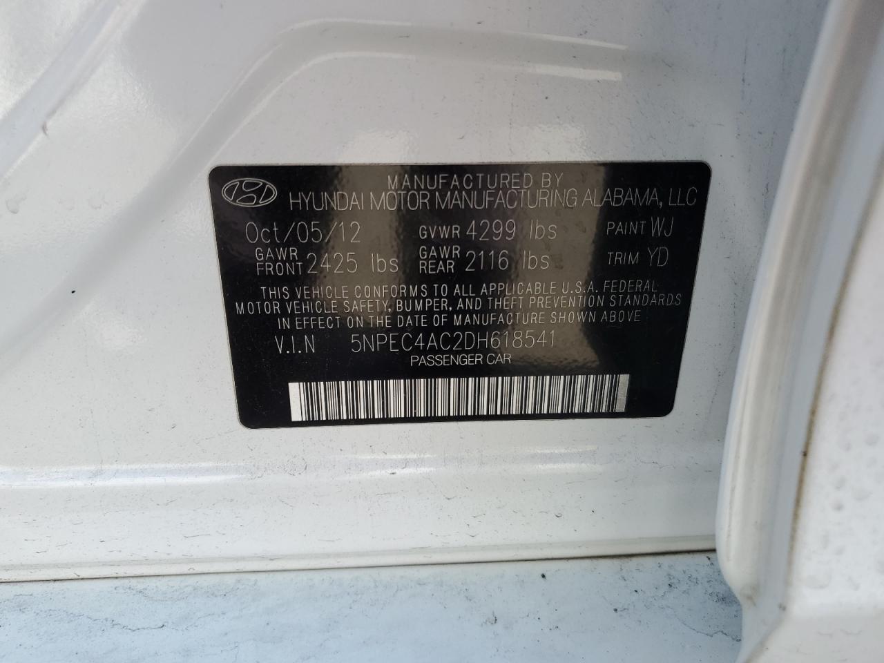 2013 Hyundai Sonata VIN 5NPEC4AC2DH618541 Copart auction photo, rear end damage thumbnail 12