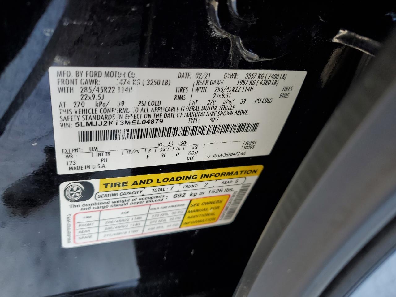 2021 Lincoln Navigator VIN 5LMJJ2KT3MEL04879 Copart auction photo, front end / stripped damage thumbnail 15