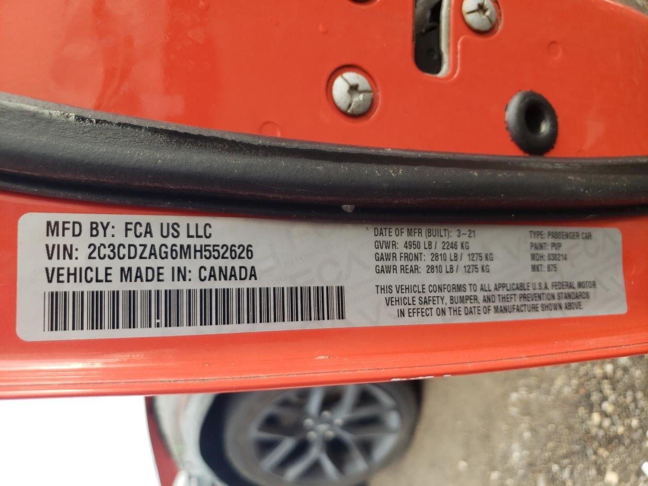 2021 Dodge Challenger VIN 2C3CDZAG6MH552626 Copart auction photo, front end / minor dent/scratches damage thumbnail 13