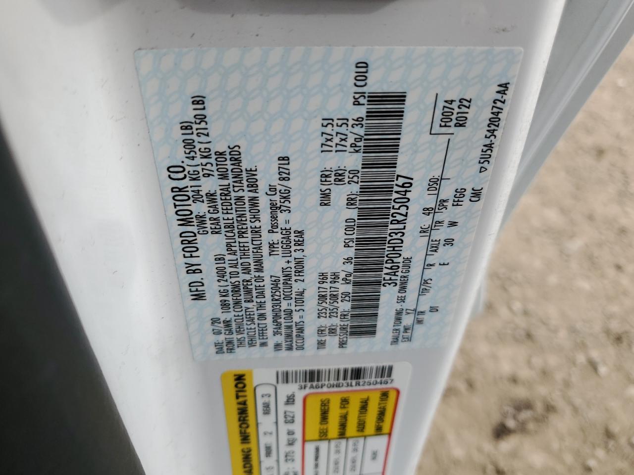 2020 Ford Fusion VIN 3FA6P0HD3LR250467 Copart auction photo, front end damage thumbnail 14