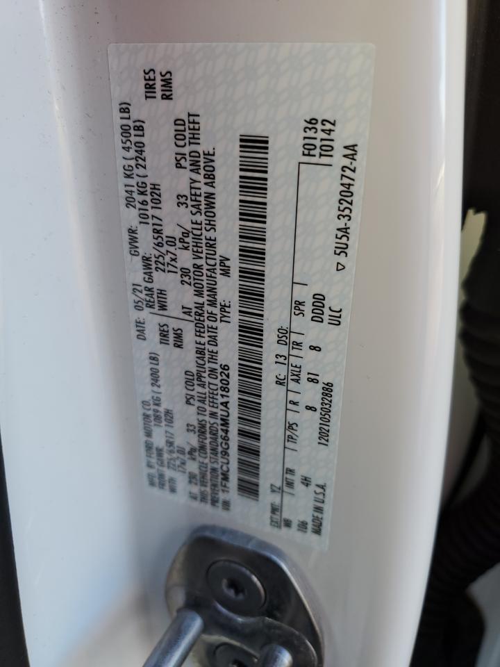 2021 Ford Escape VIN 1FMCU9G64MUA18026 Copart auction photo, rear end damage thumbnail 15