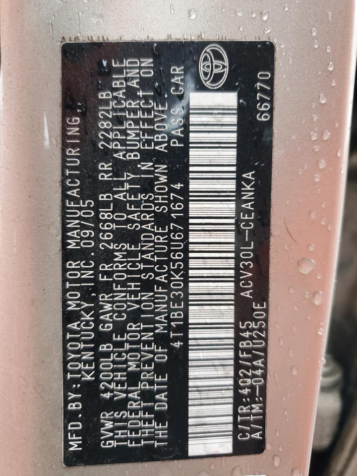 2006 Toyota Camry VIN 4T1BE30K56U671674 Copart auction photo, side damage thumbnail 12