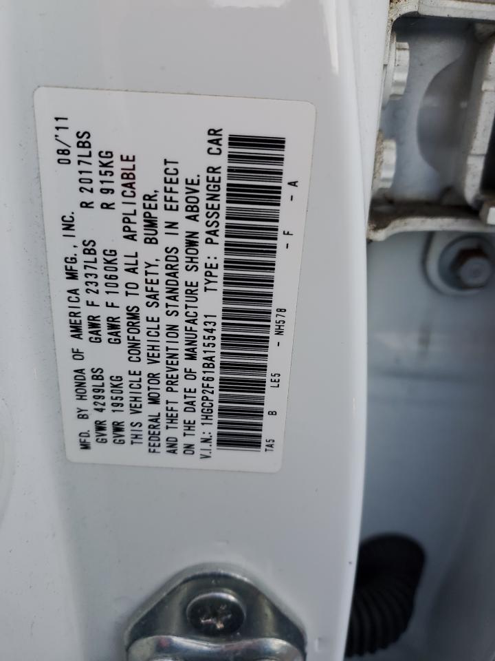 2011 Honda Accord VIN 1HGCP2F61BA155431 Copart auction photo, rear end damage thumbnail 12