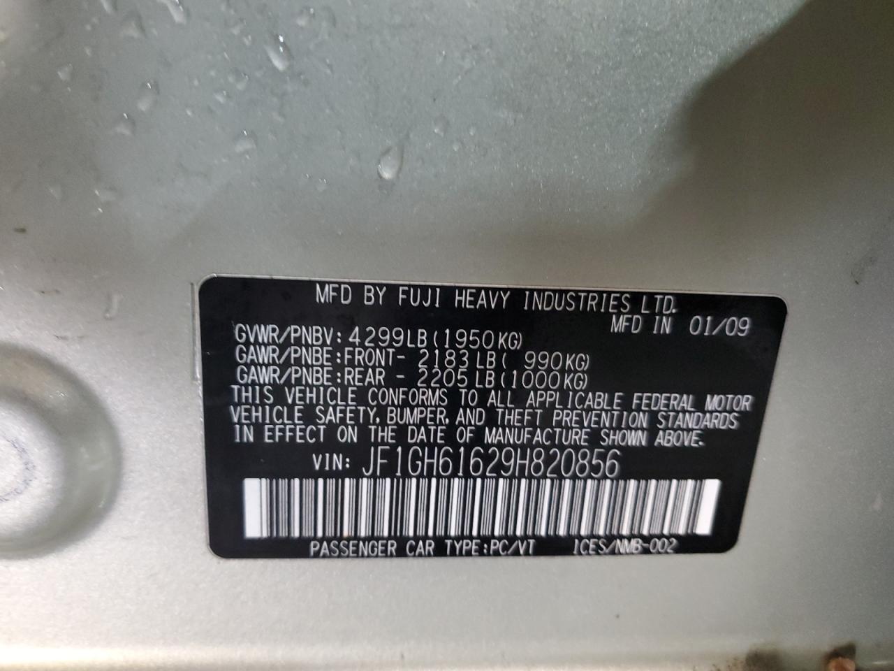 2009 Subaru Impreza VIN JF1GH61629H820856 Copart auction photo, front end / rear end damage thumbnail 12