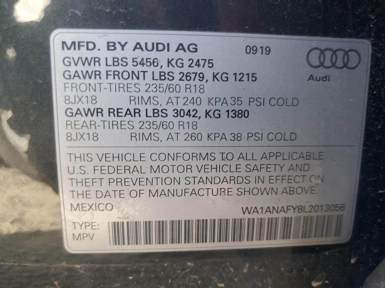 2020 Audi Q5 VIN WA1ANAFY8L2013056 Copart auction photo, rear end / minor dent/scratches damage thumbnail 13