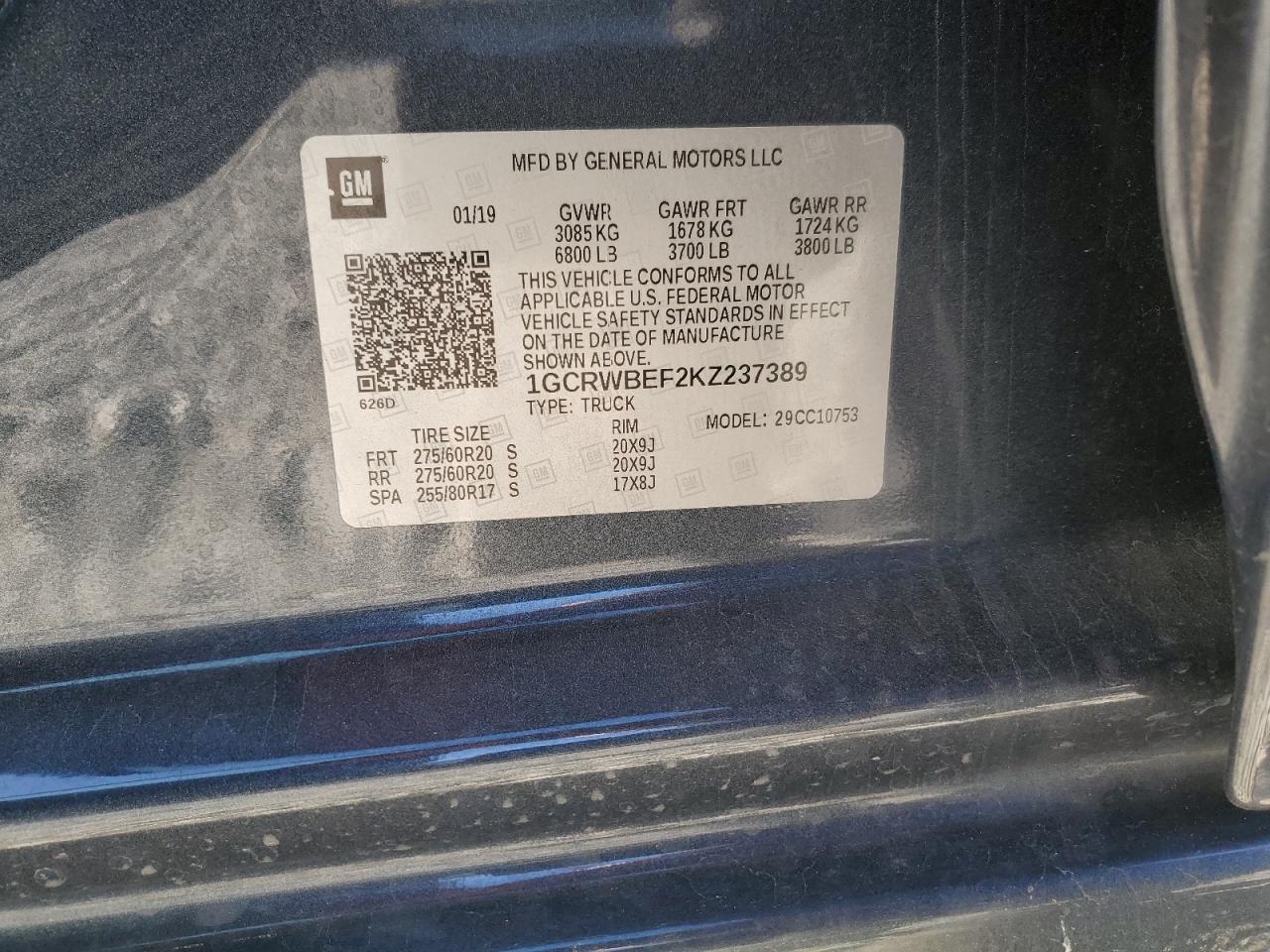 2019 Chevrolet Silverado VIN 1GCRWBEF2KZ237389 Copart auction photo, side / rear end damage thumbnail 12