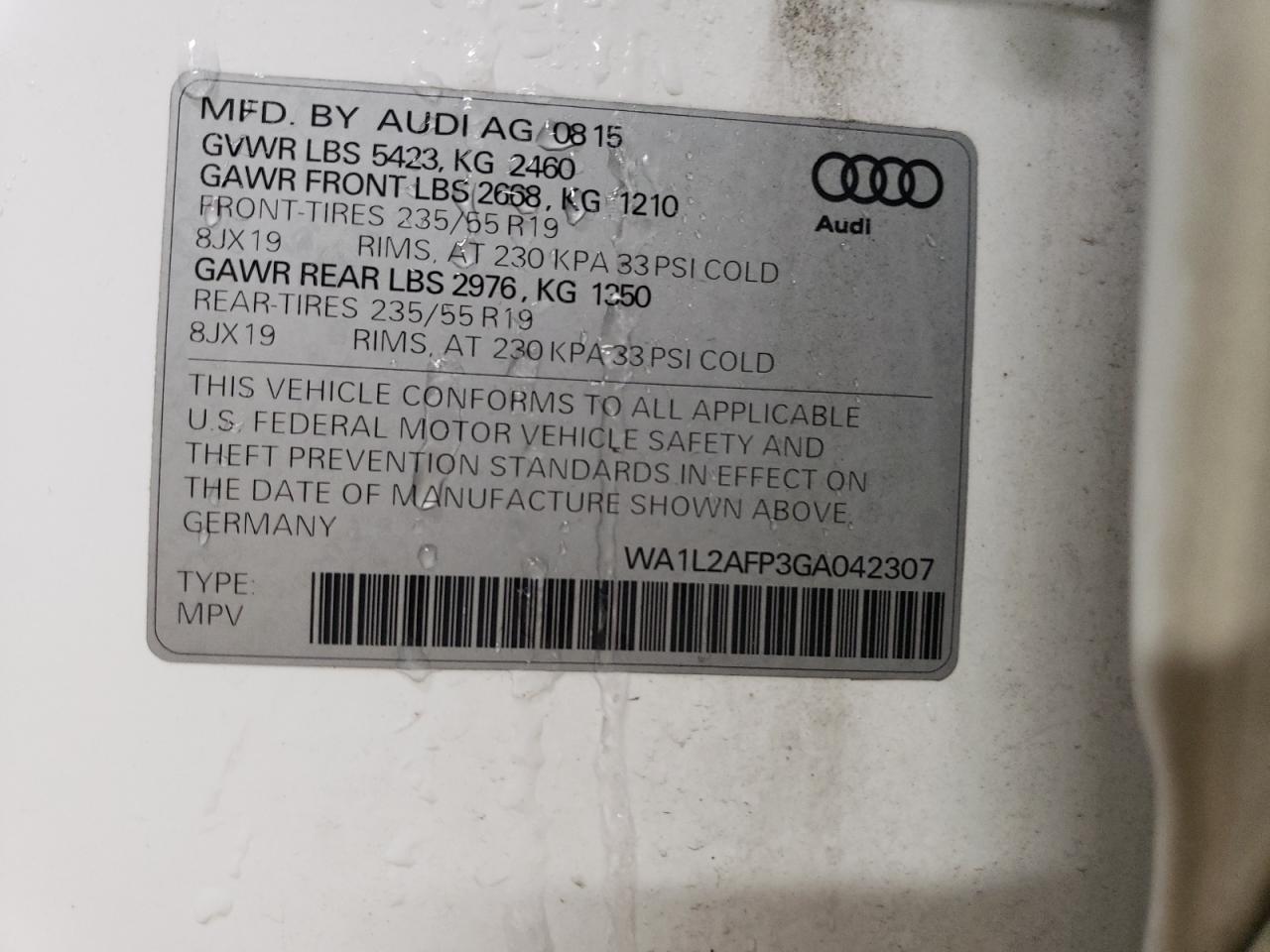 2016 Audi Q5 VIN WA1L2AFP3GA042307 Copart auction photo, side / rear end damage thumbnail 12