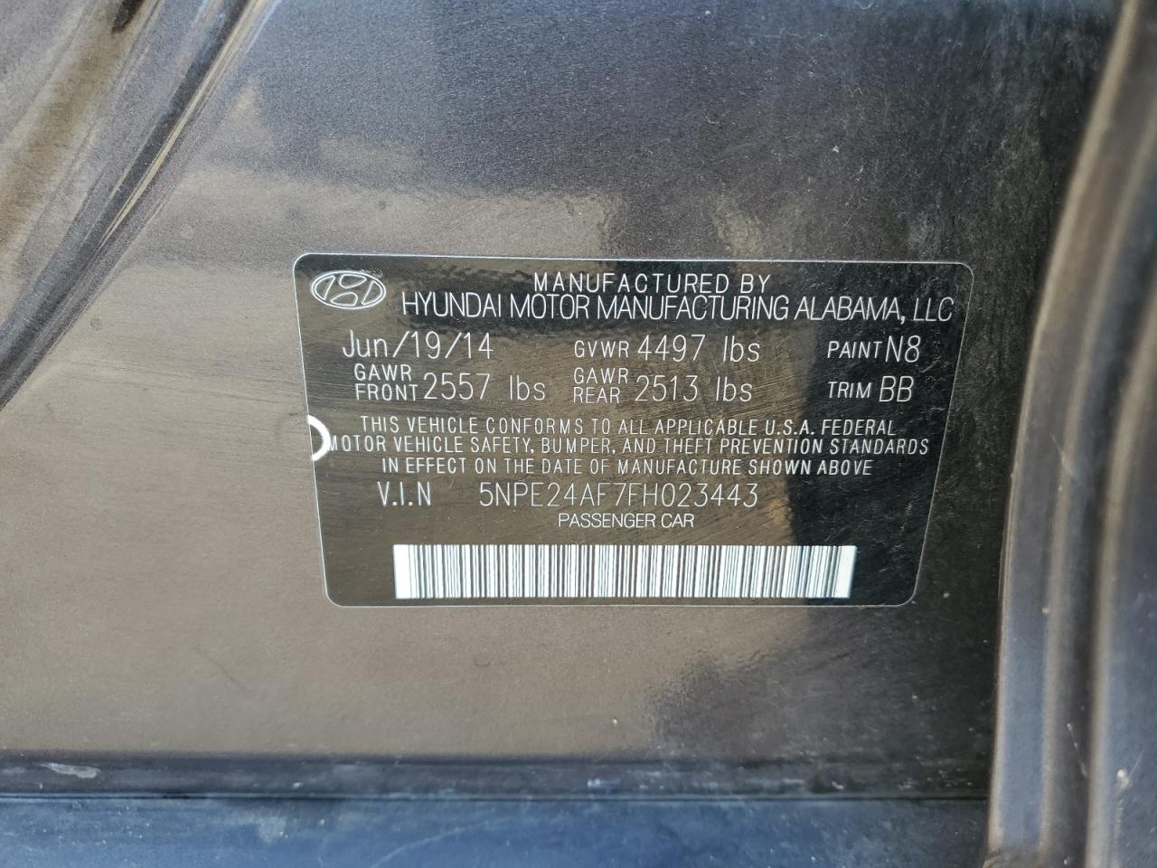 2015 Hyundai Sonata VIN 5NPE24AF7FH023443 Copart auction photo, front end damage thumbnail 14