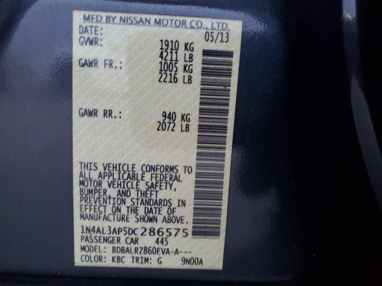 2013 Nissan Altima VIN 1N4AL3AP5DC286575 Copart auction photo, front end / minor dent/scratches damage thumbnail 12
