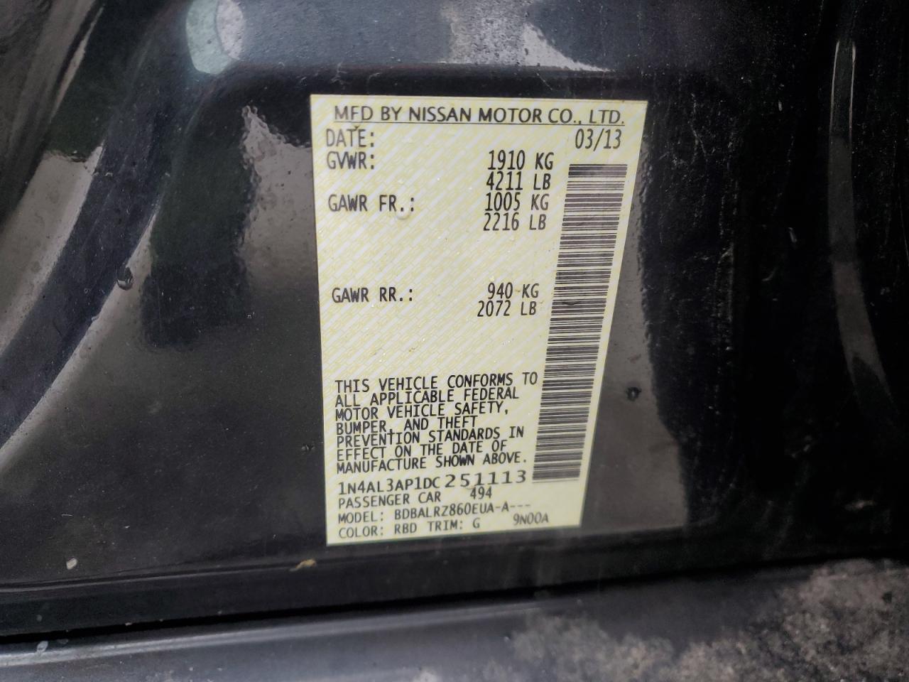 2013 Nissan Altima VIN 1N4AL3AP1DC251113 Copart auction photo, rear end / front end damage thumbnail 12
