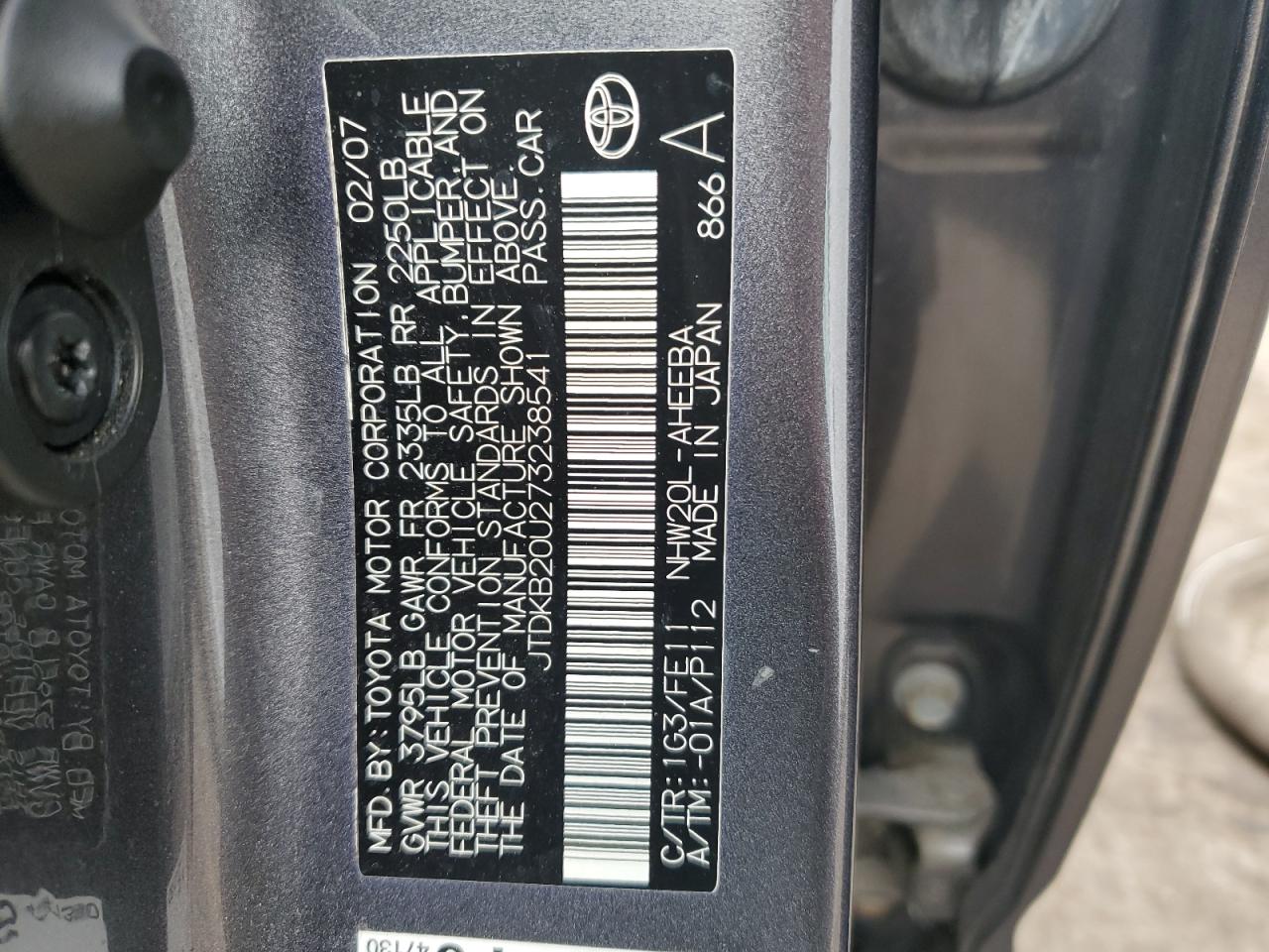 2007 Toyota Prius VIN JTDKB20U273238541 Copart auction photo, front end damage thumbnail 12