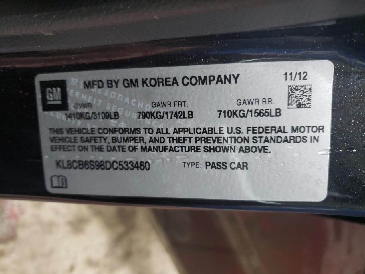 2013 Chevrolet Spark VIN KL8CB6S98DC533460 Copart auction photo, normal wear damage thumbnail 12