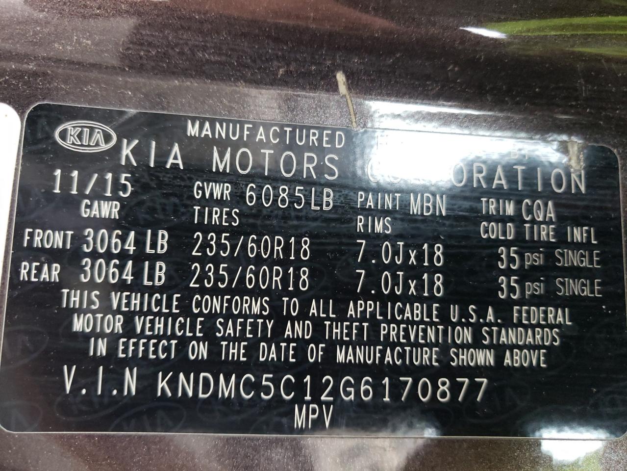 2016 KIA Sedona VIN KNDMC5C12G6170877 Copart auction photo, side / hail damage thumbnail 15