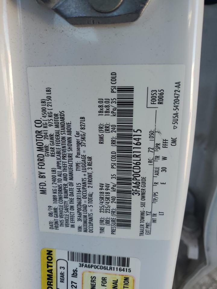 2020 Ford Fusion VIN 3FA6P0CD6LR116415 Copart auction photo, front end / undercarriage damage thumbnail 12