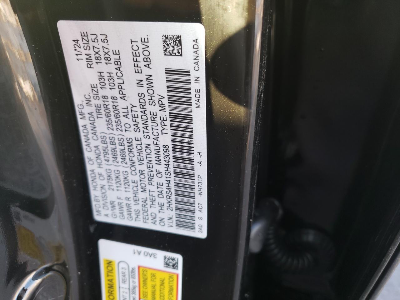 2025 Honda CR-V VIN 2HKRS4H41SH443098 Copart auction photo, side / undercarriage damage thumbnail 15