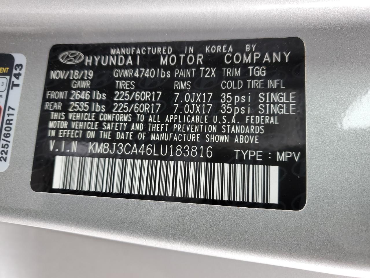 2020 Hyundai Tucson VIN KM8J3CA46LU183816 Copart auction photo, front end damage thumbnail 15