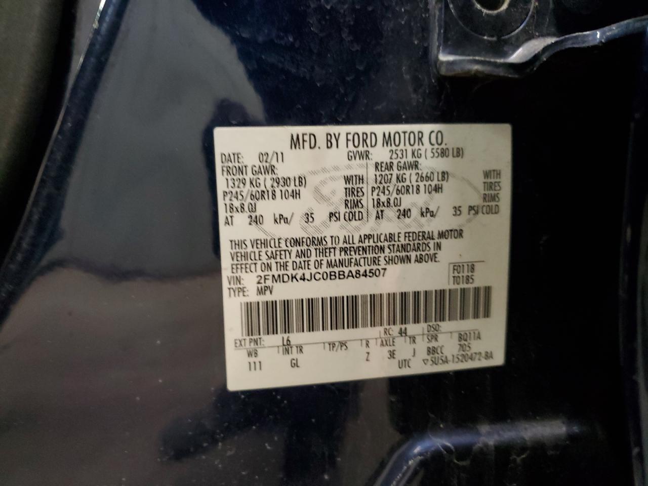 2011 Ford Edge VIN 2FMDK4JC0BBA84507 Copart auction photo, side damage thumbnail 13