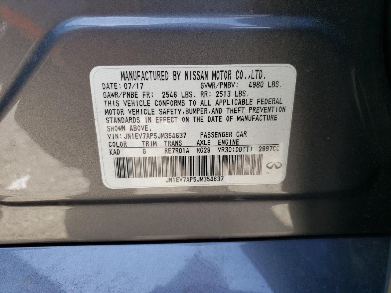 2018 Infiniti Q50 VIN JN1EV7AP5JM354637 Copart auction photo, top/roof damage thumbnail 12