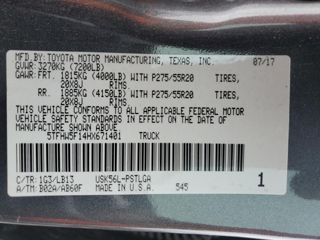 2017 Toyota Tundra VIN 5TFHW5F14HX671401 Copart auction photo, front end / minor dent/scratches damage thumbnail 12