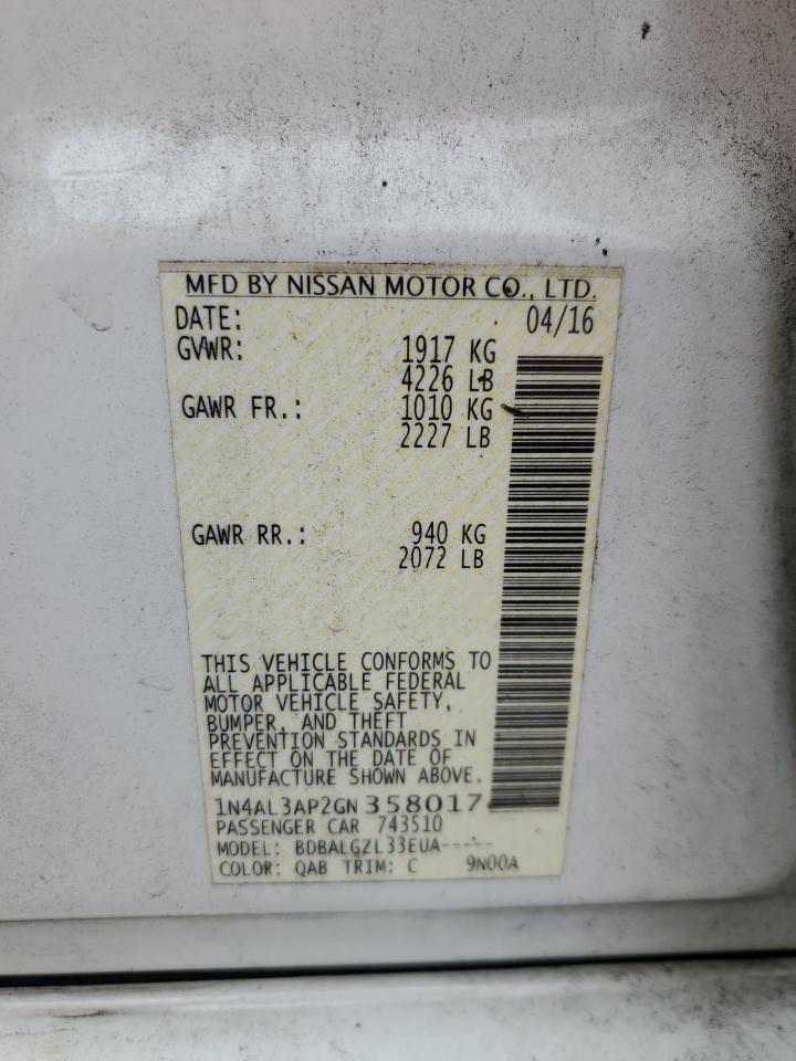2016 Nissan Altima VIN 1N4AL3AP2GN358017 Copart auction photo, front end / side damage thumbnail 12