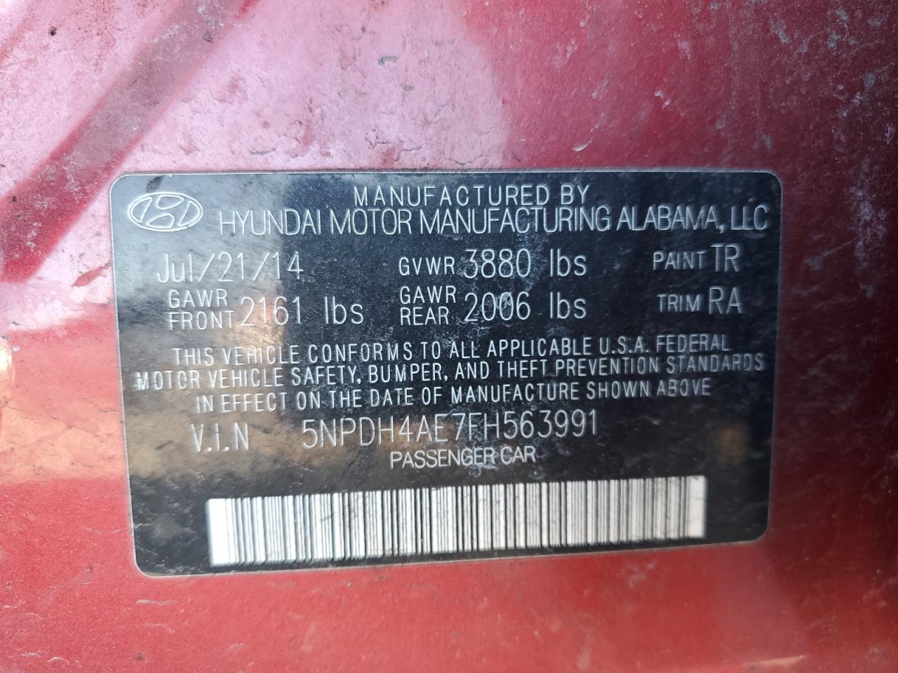 2015 Hyundai Elantra VIN 5NPDH4AE7FH563991 Copart auction photo, side / front end damage thumbnail 14