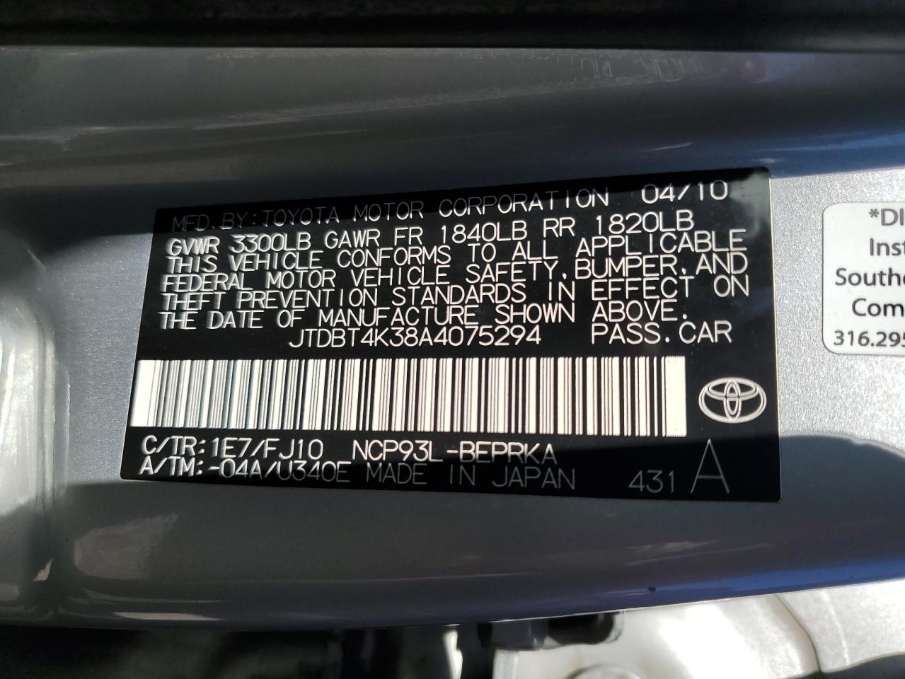 2010 Toyota Yaris VIN JTDBT4K38A4075294 Copart auction photo, front end / side damage thumbnail 13
