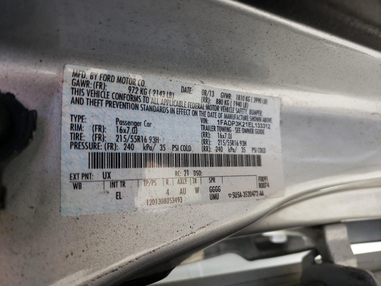 2014 Ford Focus VIN 1FADP3K21EL133312 Copart auction photo, front end damage thumbnail 12