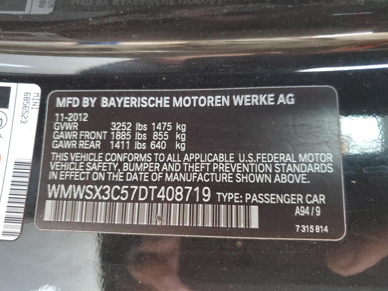 2013 MINI Cooper VIN WMWSX3C57DT408719 Copart auction photo, front end damage thumbnail 12