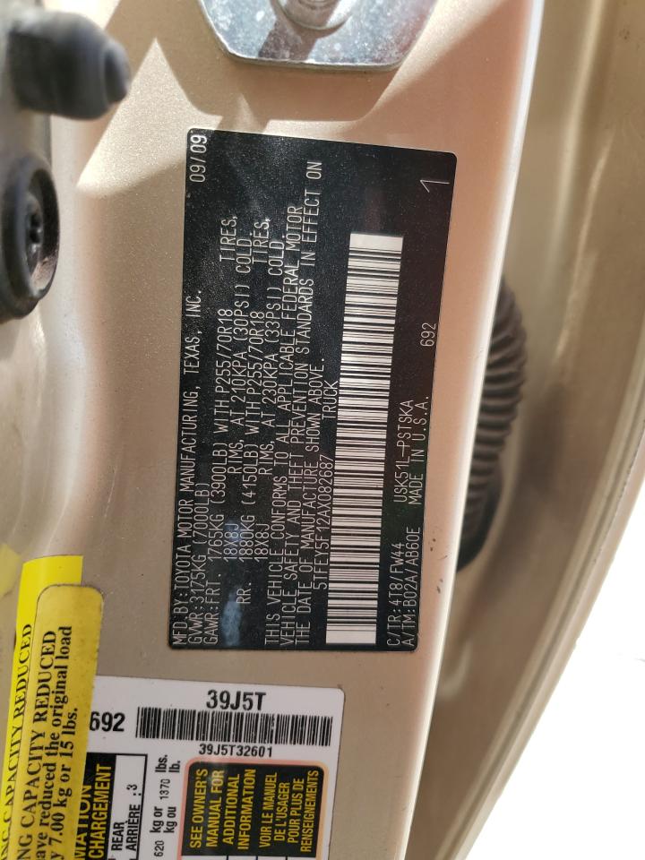 2010 Toyota Tundra VIN 5TFEY5F12AX082687 Copart auction photo, front end / minor dent/scratches damage thumbnail 15