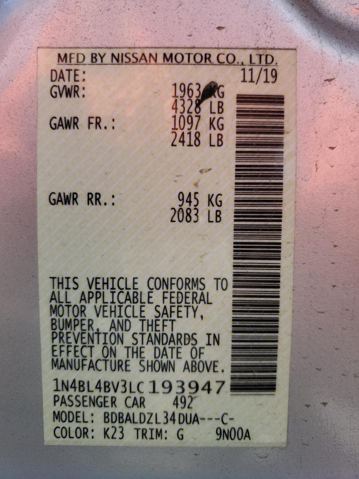 2020 Nissan Altima VIN 1N4BL4BV3LC193947 Copart auction photo, rear end damage thumbnail 12