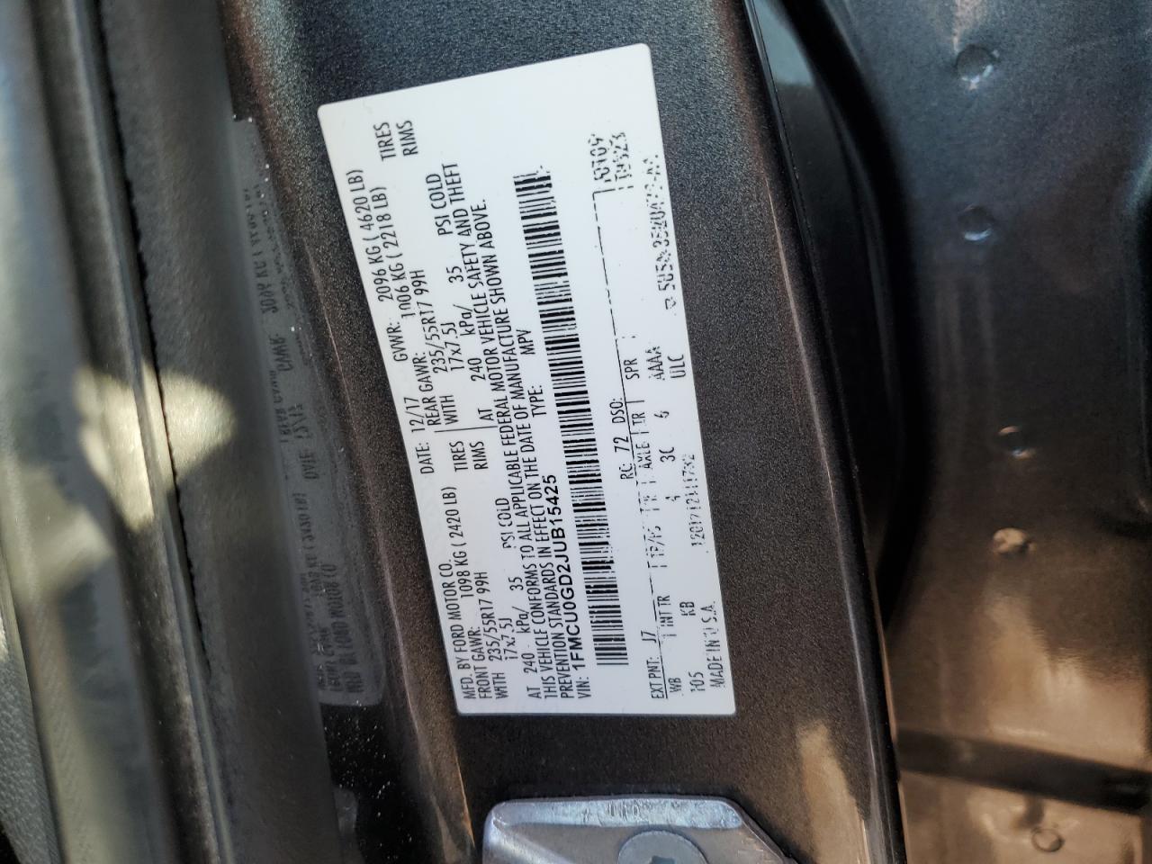 2018 Ford Escape VIN 1FMCU0GD2JUB15425 Copart auction photo, side damage thumbnail 12