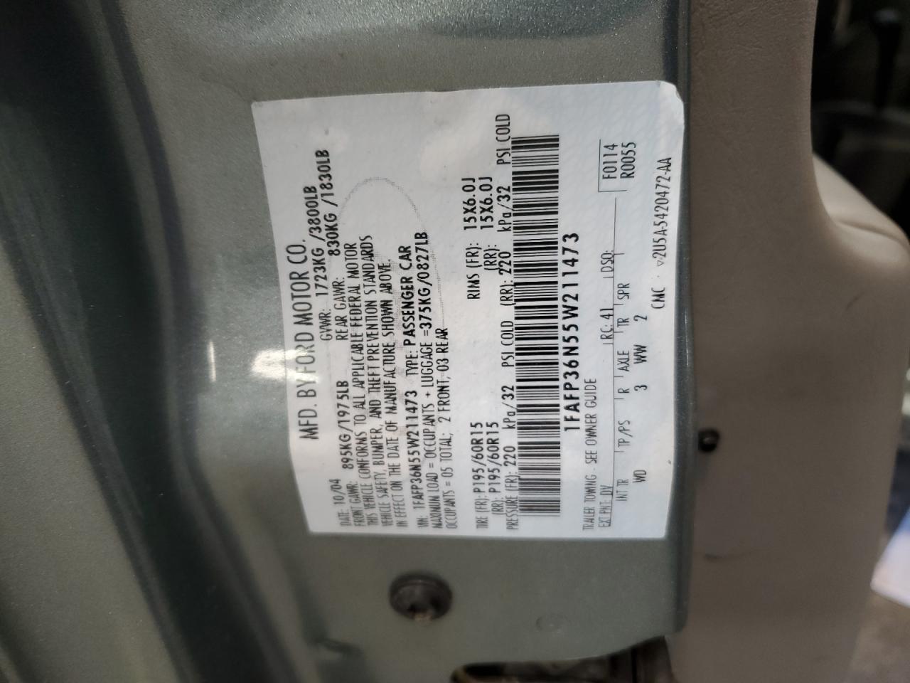 2005 Ford Focus VIN 1FAFP36N55W211473 Copart auction photo, rear end damage thumbnail 12