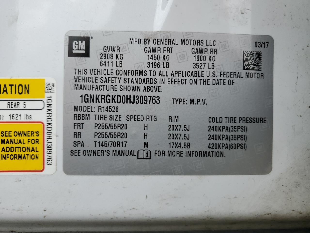 2017 Chevrolet Traverse VIN 1GNKRGKD0HJ309763 Copart auction photo, front end / side damage thumbnail 13