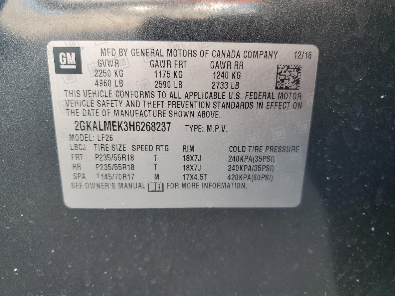 2017 GMC Terrain VIN 2GKALMEK3H6268237 Copart auction photo, rear end / front end damage thumbnail 13