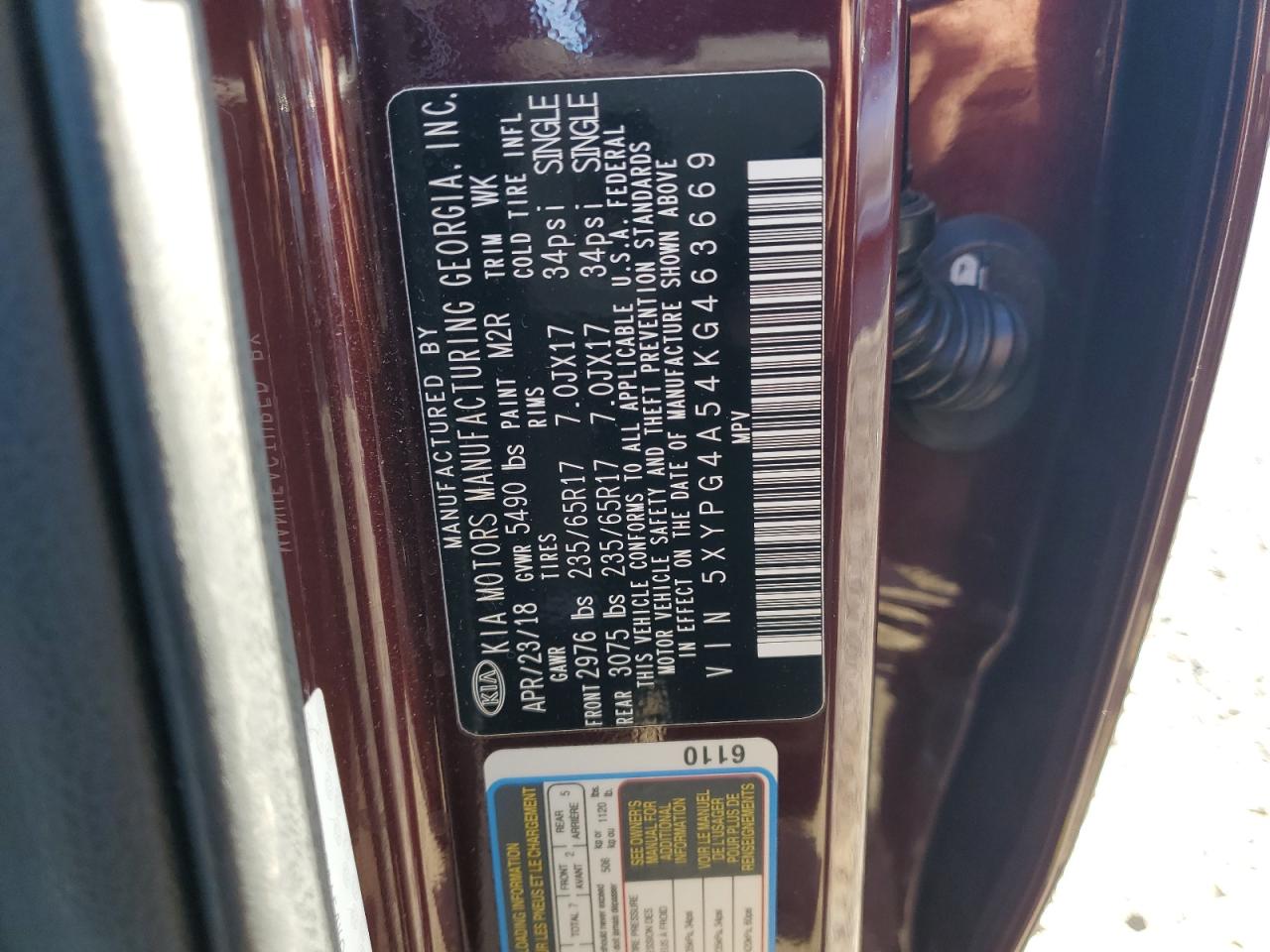 2019 KIA Sorento VIN 5XYPG4A54KG463669 Copart auction photo, front end / undercarriage damage thumbnail 15