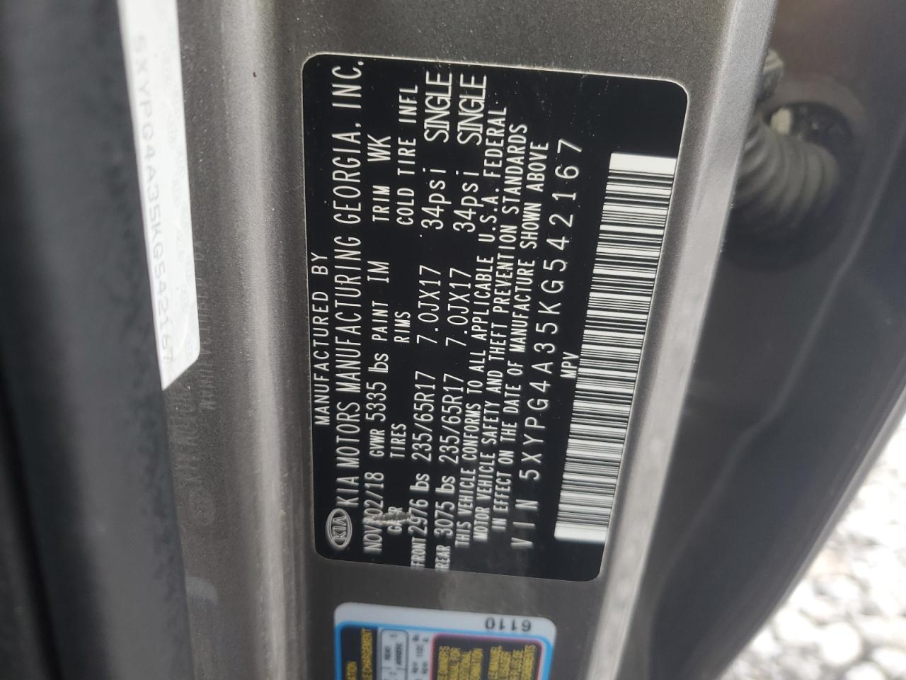 2019 KIA Sorento VIN 5XYPG4A35KG542167 Copart auction photo, front end damage thumbnail 15