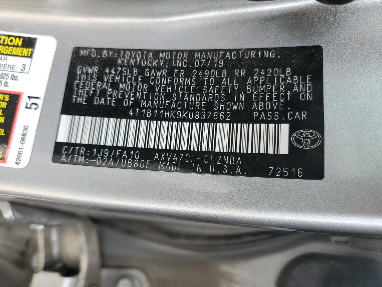 2019 Toyota Camry VIN 4T1B11HK9KU837662 Copart auction photo, front end / minor dent/scratches damage thumbnail 12