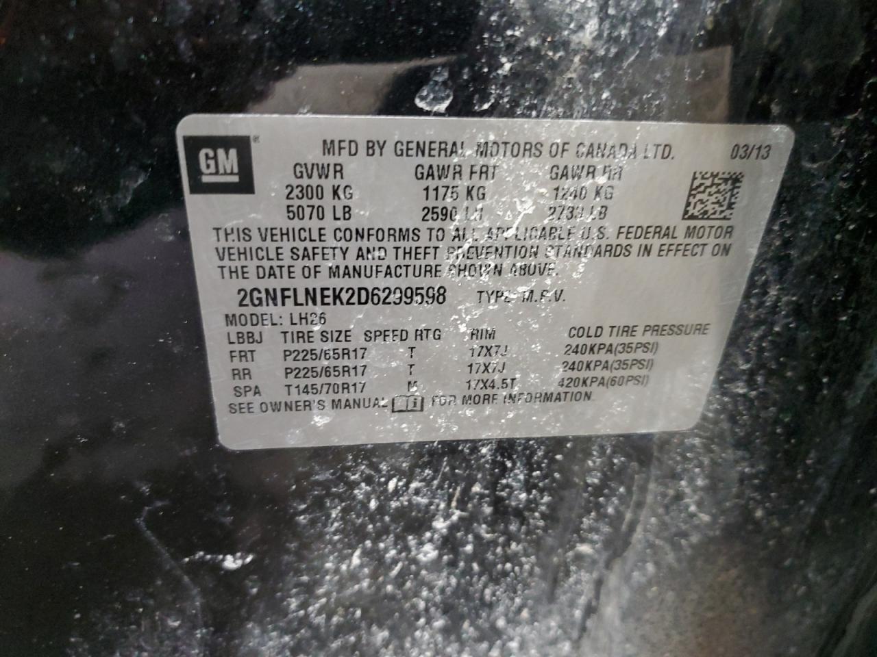2013 Chevrolet Equinox VIN 2GNFLNEK2D6299598 Copart auction photo, rollover damage thumbnail 14