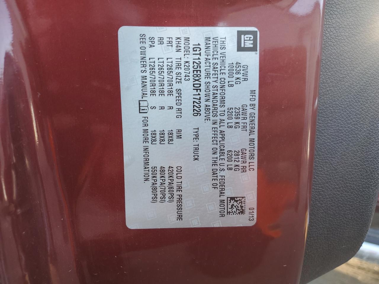 2013 GMC Sierra VIN 1GT125E8XDF172226 Copart auction photo, rear end damage thumbnail 13