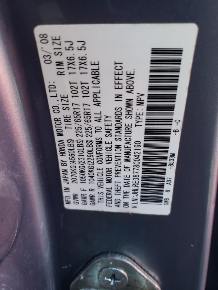 2008 Honda CR-V VIN JHLRE38778C042190 Copart auction photo, side damage thumbnail 13