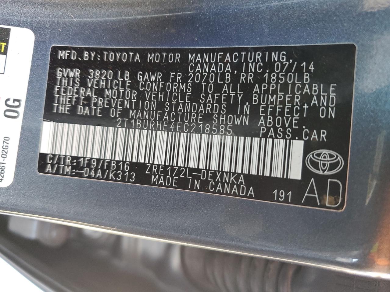 2014 Toyota Corolla VIN 2T1BURHE4EC218585 Copart auction photo, side damage thumbnail 14