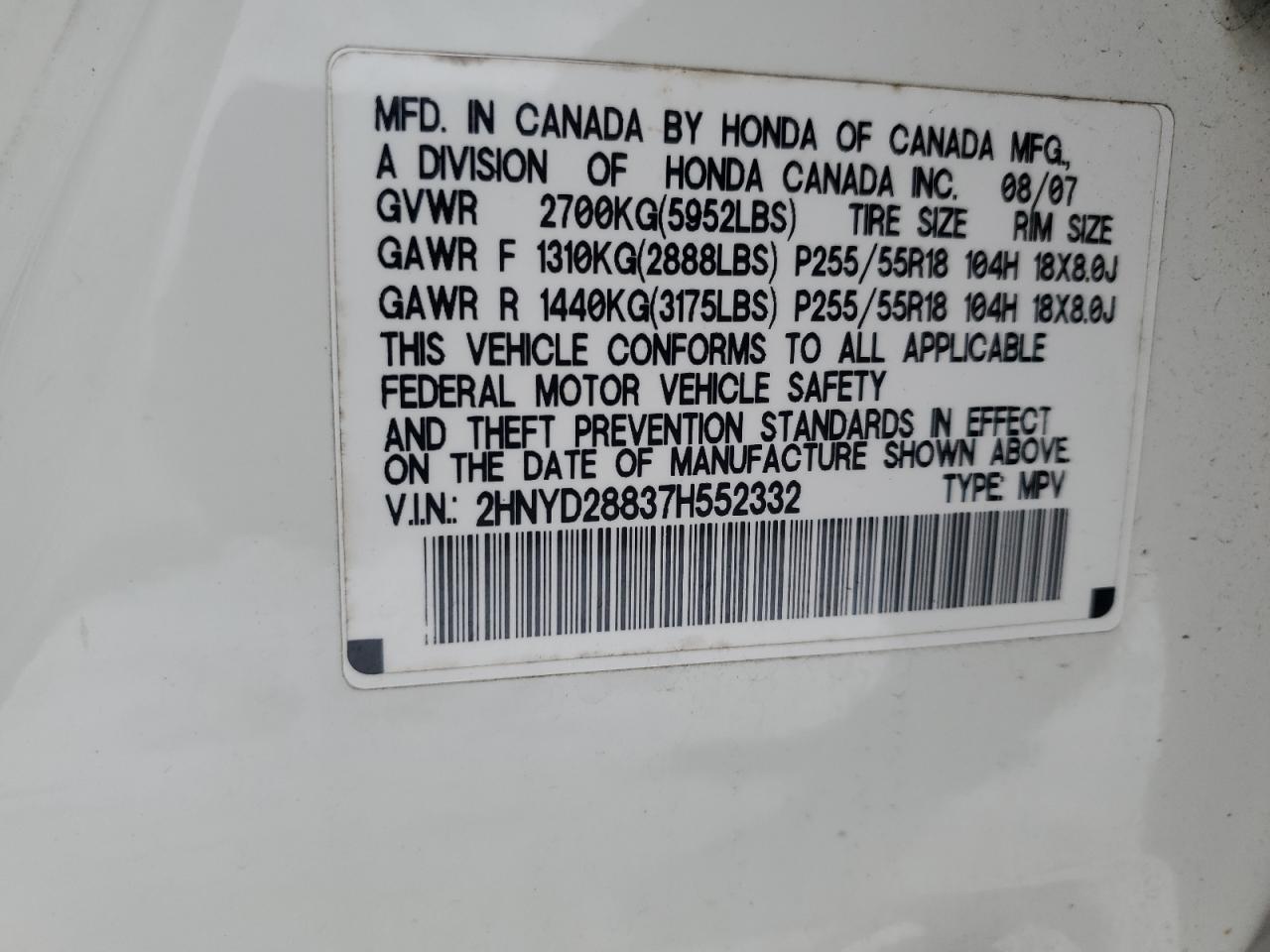 2007 Acura MDX VIN 2HNYD28837H552332 Copart auction photo, front end damage thumbnail 13