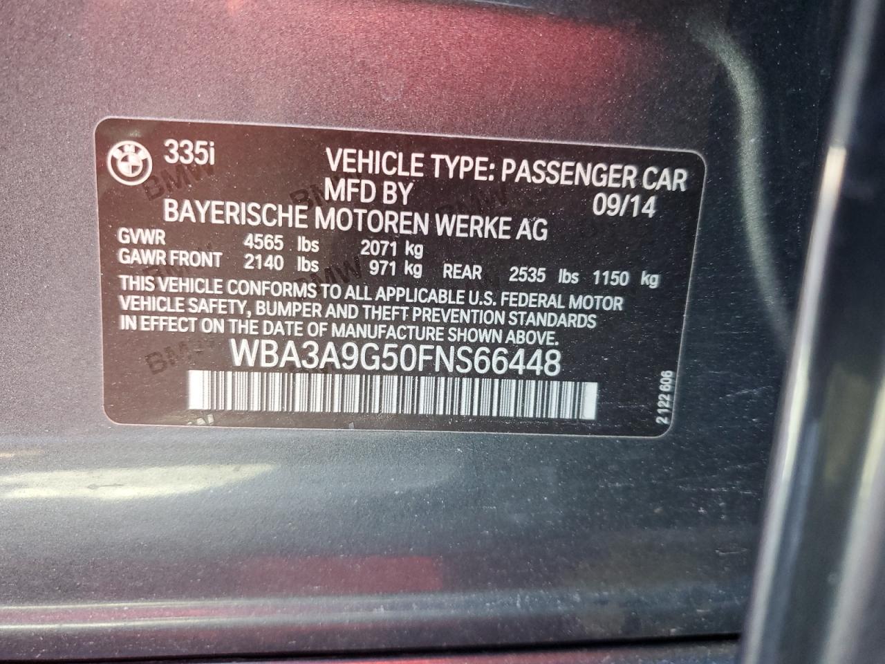 2015 BMW 3er VIN WBA3A9G50FNS66448 Copart auction photo, front end damage thumbnail 13