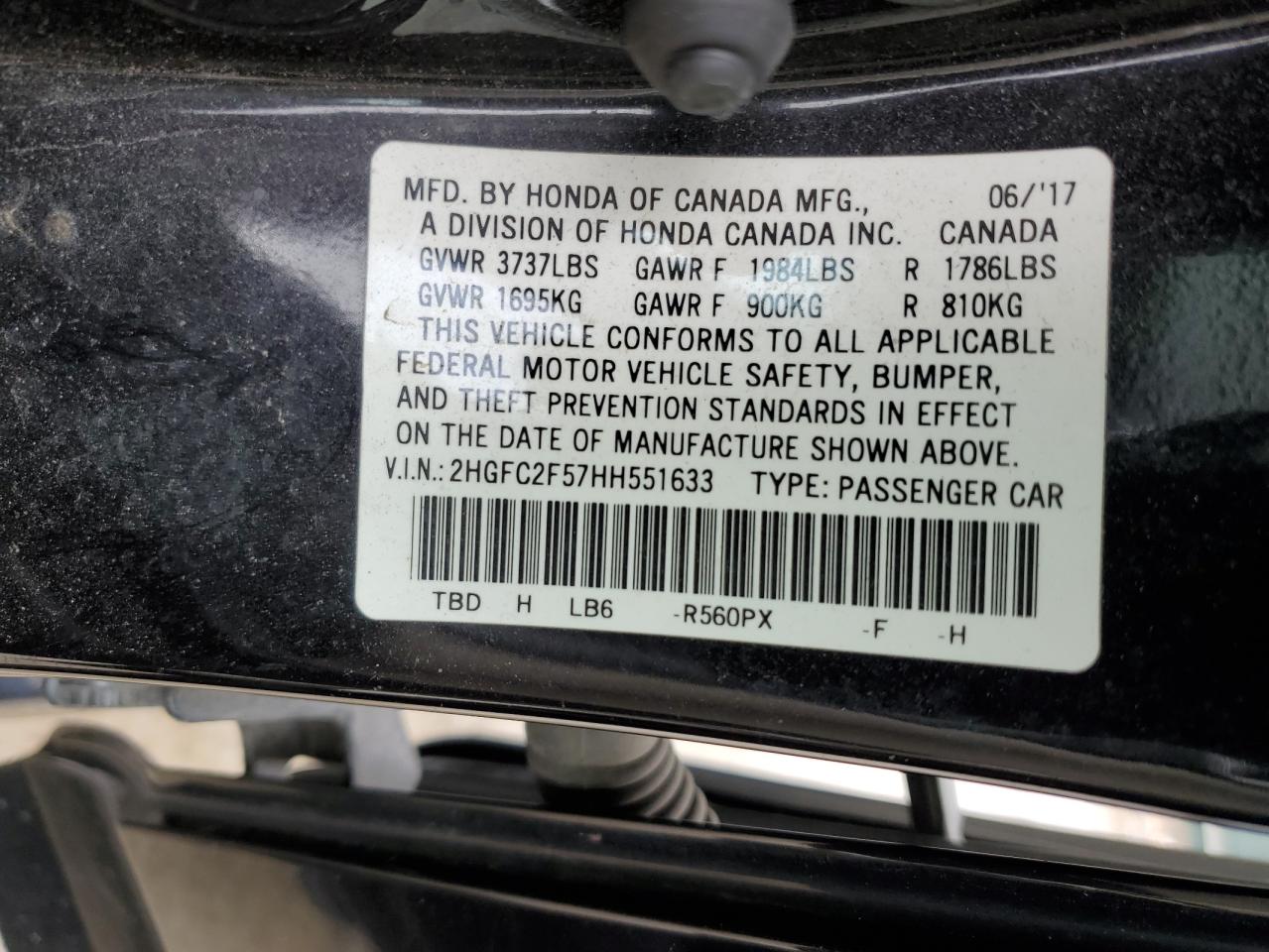 2017 Honda Civic VIN 2HGFC2F57HH551633 Copart auction photo, rear end damage thumbnail 14