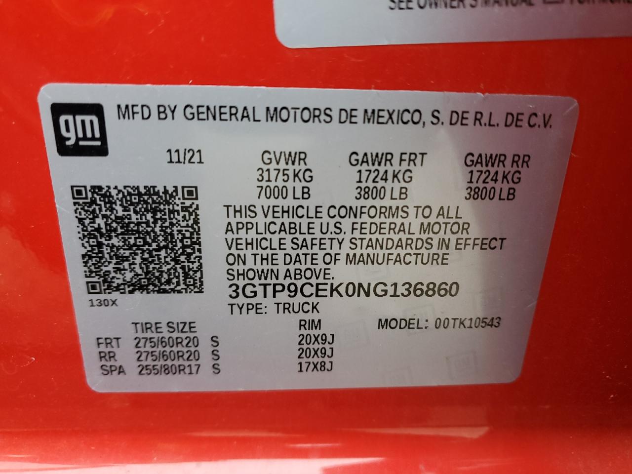 2022 GMC Sierra VIN 3GTP9CEK0NG136860 Copart auction photo, front end / minor dent/scratches damage thumbnail 14