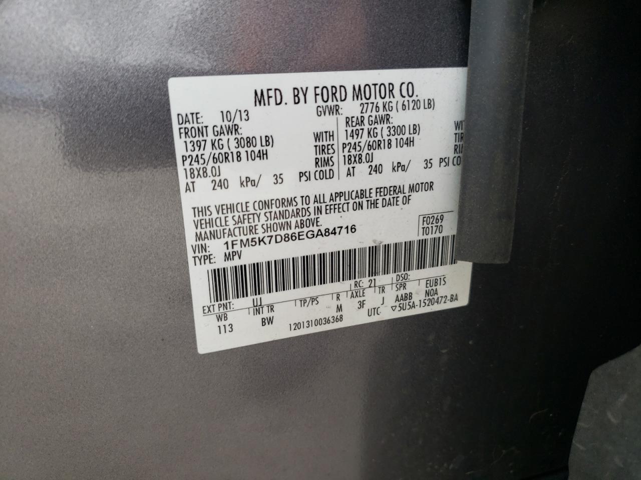2014 Ford Explorer VIN 1FM5K7D86EGA84716 Copart auction photo, rear end damage thumbnail 15