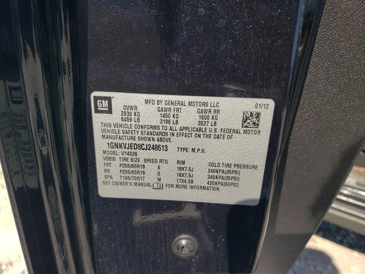 2012 Chevrolet Traverse VIN 1GNKVJED8CJ248613 Copart auction photo, side damage thumbnail 12