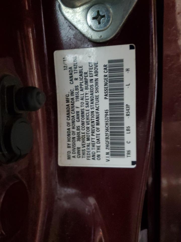 2012 Honda Civic VIN 2HGFB2F56CH537945 Copart auction photo, front end / side damage thumbnail 14