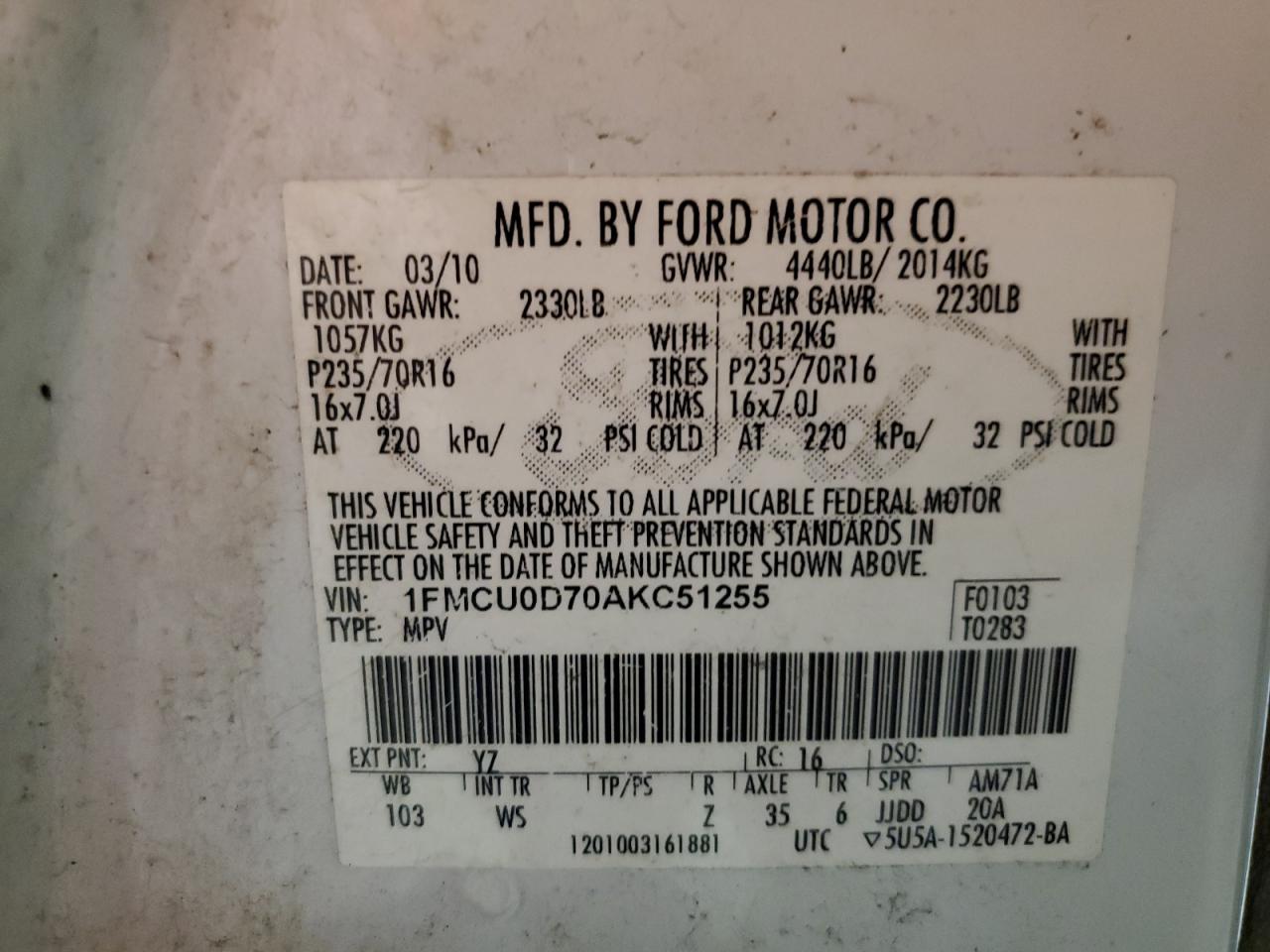 2010 Ford Escape VIN 1FMCU0D70AKC51255 Copart auction photo, minor dent/scratches damage thumbnail 13