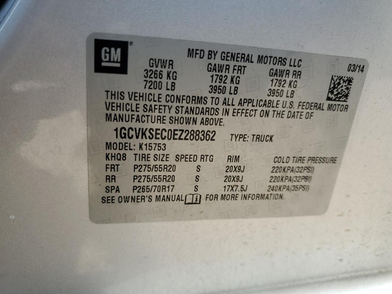 2014 Chevrolet Silverado VIN 1GCVKSEC0EZ288362 Copart auction photo, side / rear end damage thumbnail 12